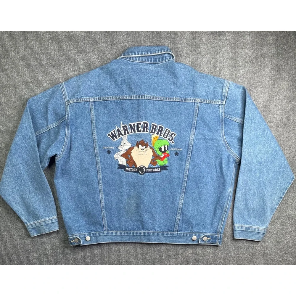 Warner Bros Denim Jacket Mens XL Blue Looney Tunes Embroidered Vintage Trucker